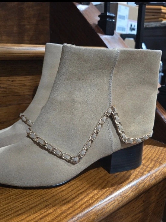 Karl Lagerfeld Shoes - Karl Lagerfeld Taupe Suede Ankle Boots with Gold Chain Trim